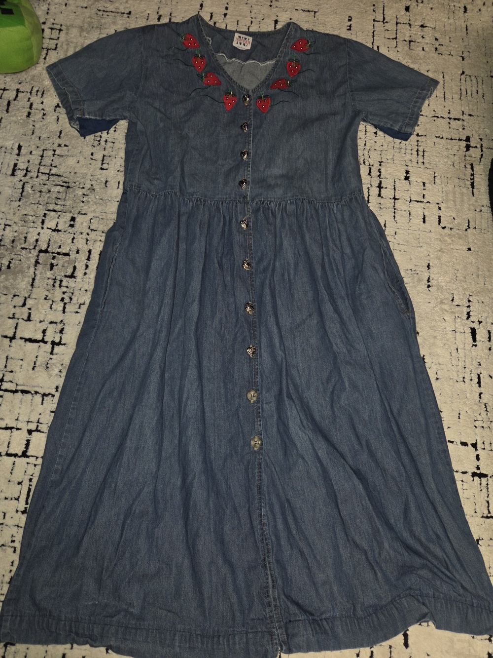 Vintage Dimension Denim Strawberry Embroidered Dress Womens L/XL Cottagecore 90s